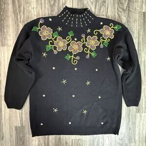 Victoria Jones Black Beaded Floral Sweater L Mock Neck Embroidered Ramie